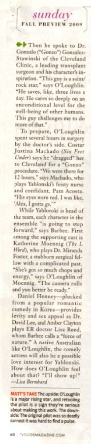 Alex O'Loughlin interview in TV Guide Fall Premiere